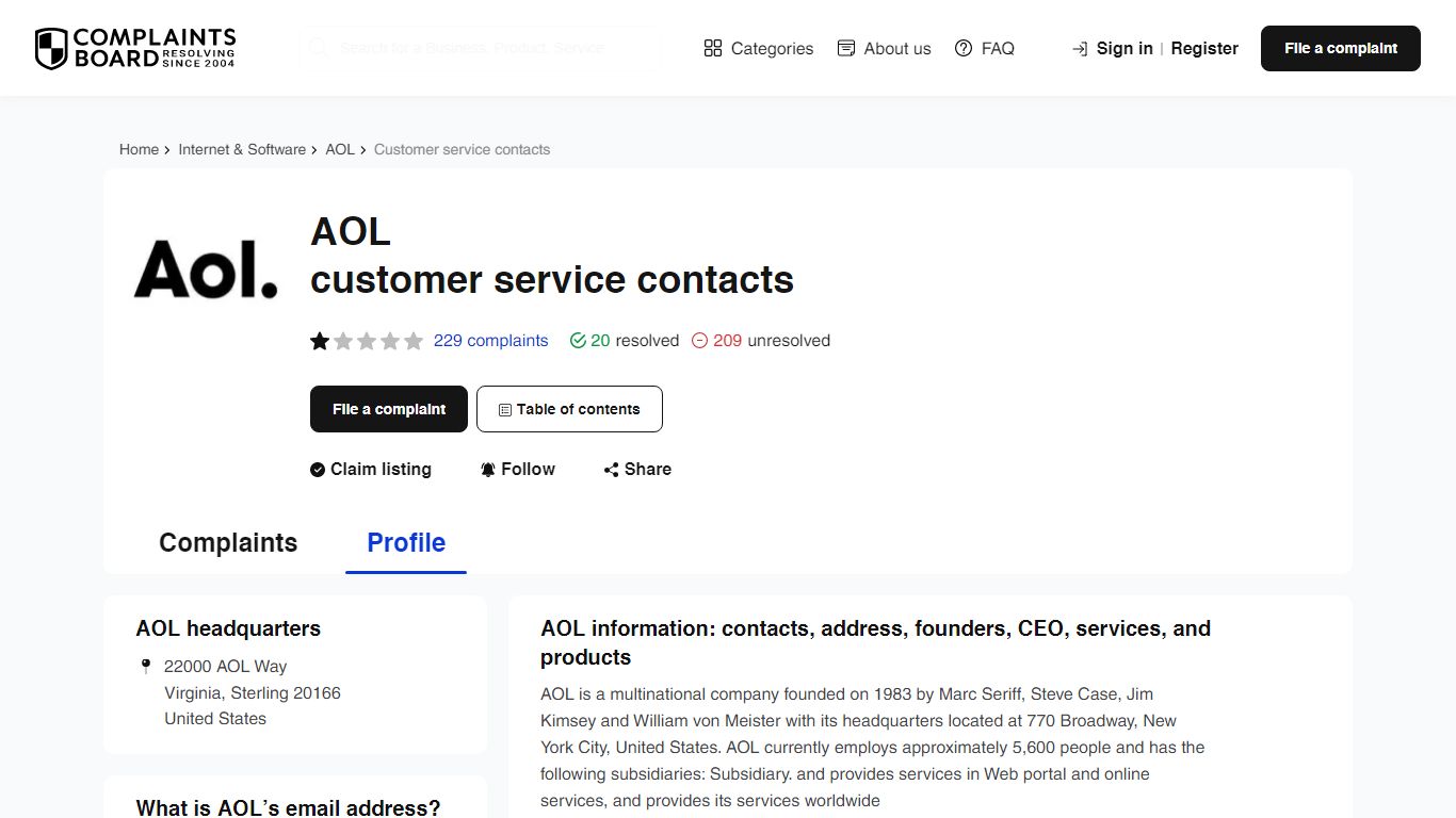 AOL Contact Number, Email, Support, Information - Complaints Board